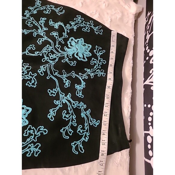 Vintage Western Rodeo Fringe Black Blue Leather Embroidered Skirt Size 10 - Picture 7 of 10